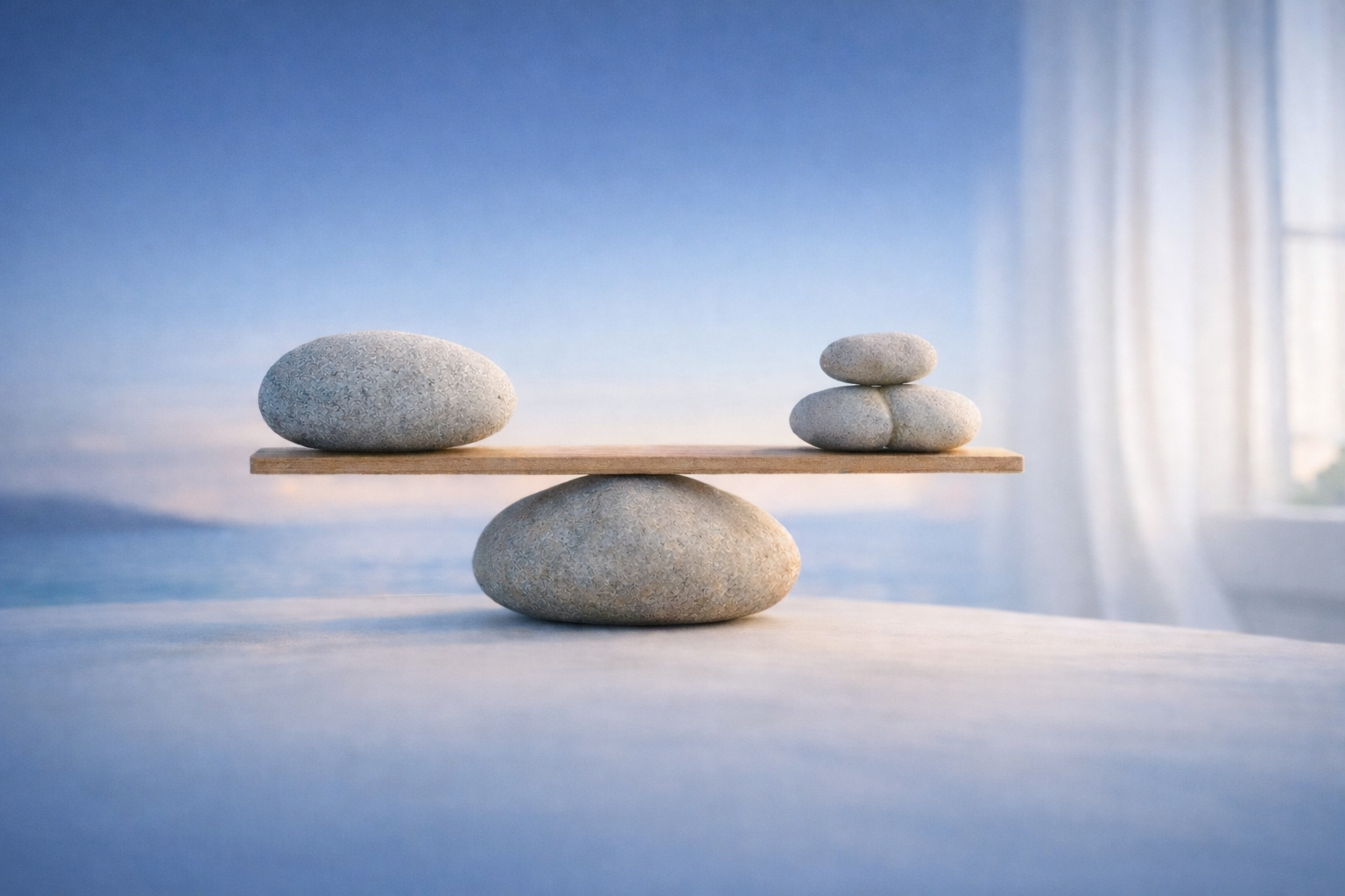 Pietre in equilibrio su una tavola, simbolo di armonia e composizione